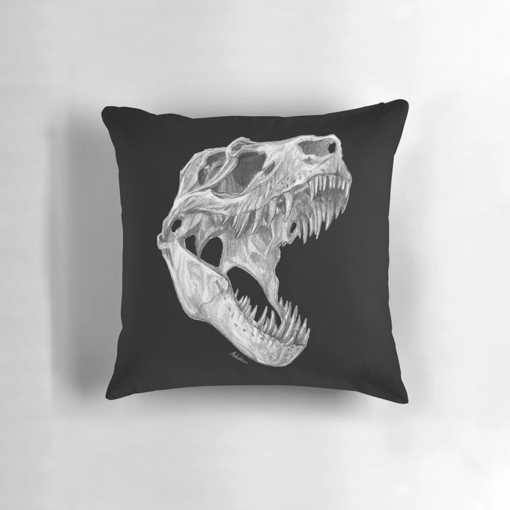 A highly detailed and realistic-looking dinosaur T-Rex skull printed on a comfortable, soft pillow.