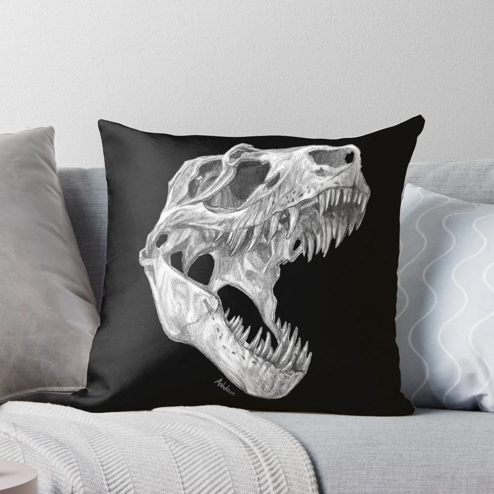 A highly detailed and realistic-looking dinosaur T-Rex skull printed on a comfortable, soft pillow.
