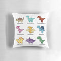 Dinosaur-themed throw pillow with various species including T-rex, Triceratops, and more