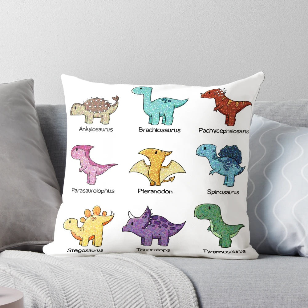 Dinosaur-themed throw pillow with various species including T-rex, Triceratops, and more