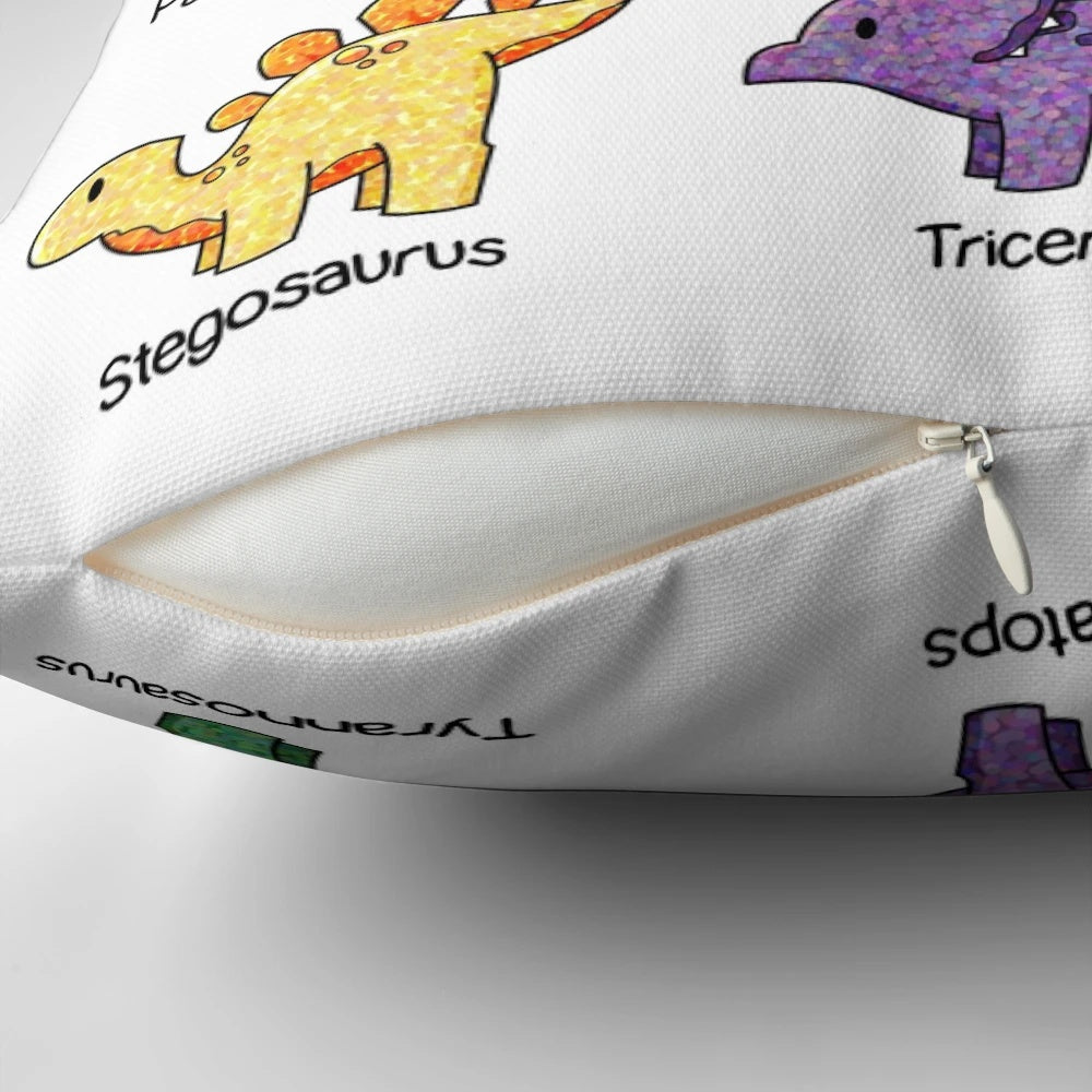 Dinosaur-themed throw pillow with various species including T-rex, Triceratops, and more