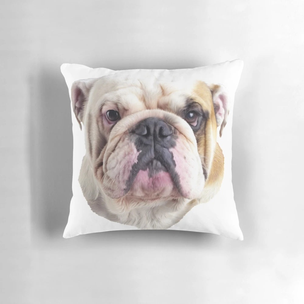 Closeup image of an English bulldog's head printed on a soft, plush pillow.