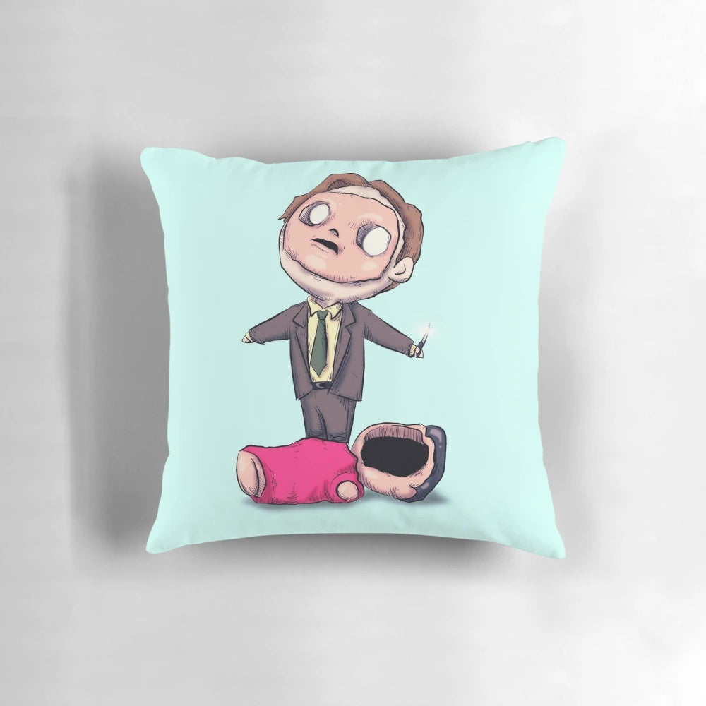 A soft, plush pillow designed for first aid and CPR training, featuring a humorous face and Dwight Schrute-inspired design.