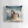 Detailed image of a realistic galloping brown horse on a plush pillow