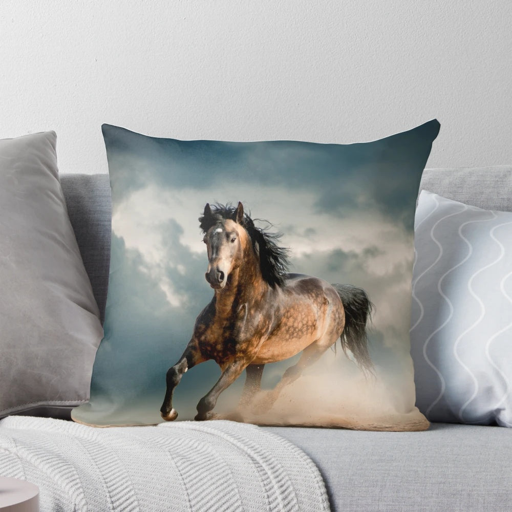 Detailed image of a realistic galloping brown horse on a plush pillow