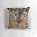 Closeup of a detailed giraffe illustration printed on a plush throw pillow