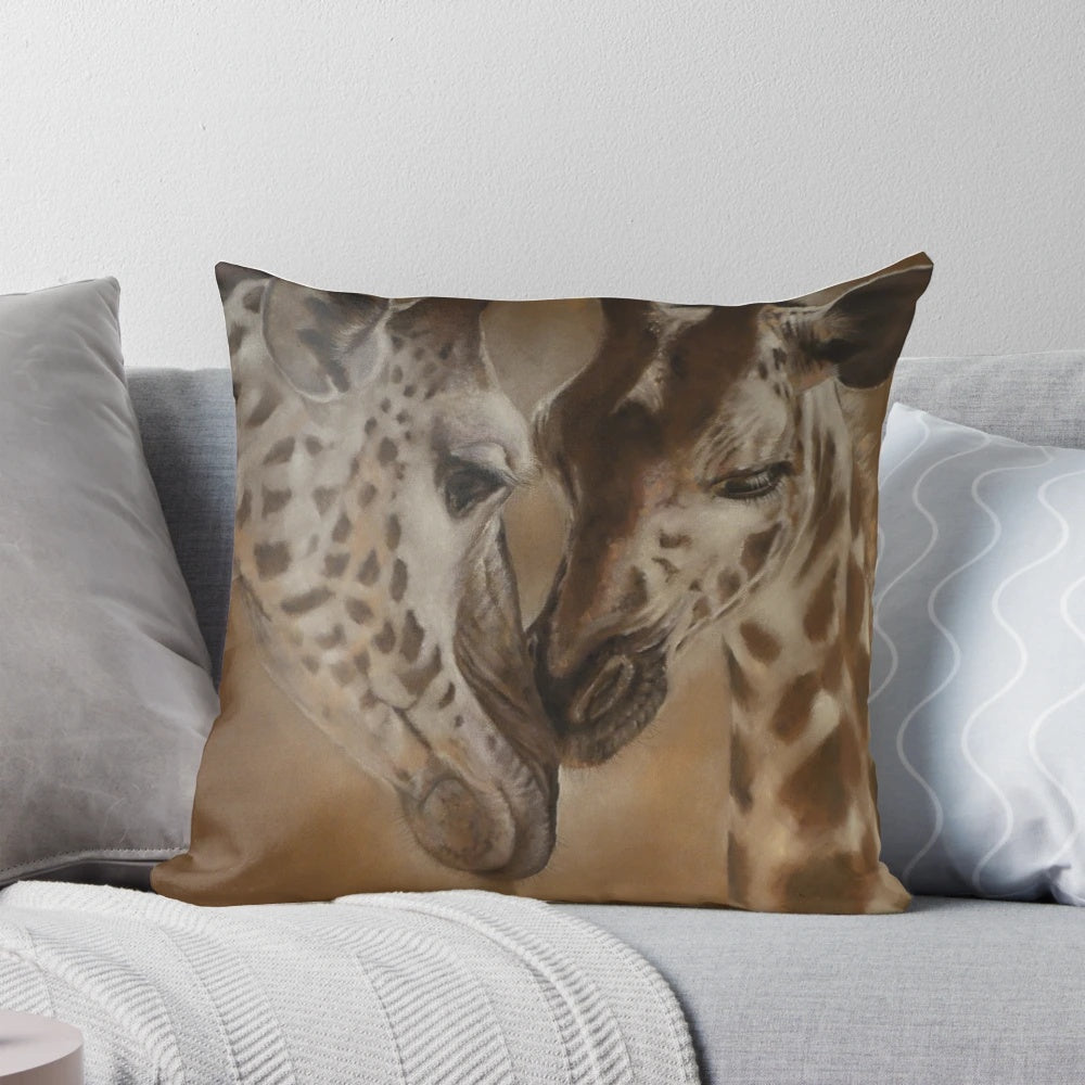 Closeup of a detailed giraffe illustration printed on a plush throw pillow
