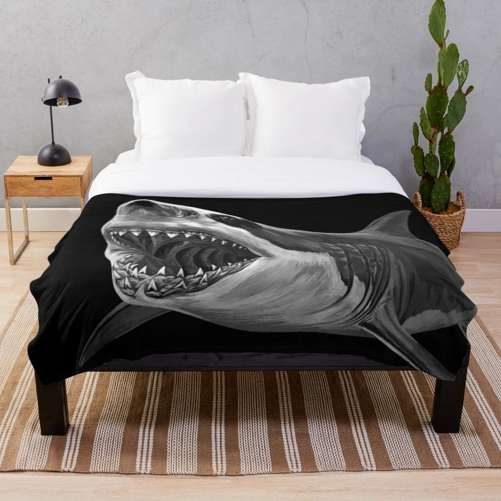 Cozy great white shark plush blanket with realistic ocean design