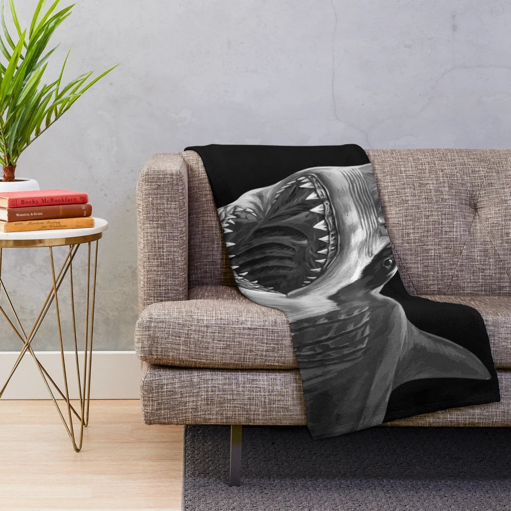 Cozy great white shark plush blanket with realistic ocean design