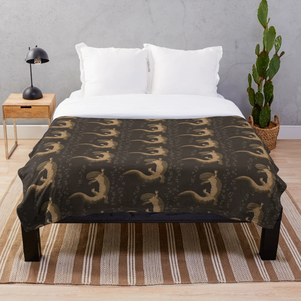 Plush blanket featuring the giant hellbender salamander, the largest amphibian in North America