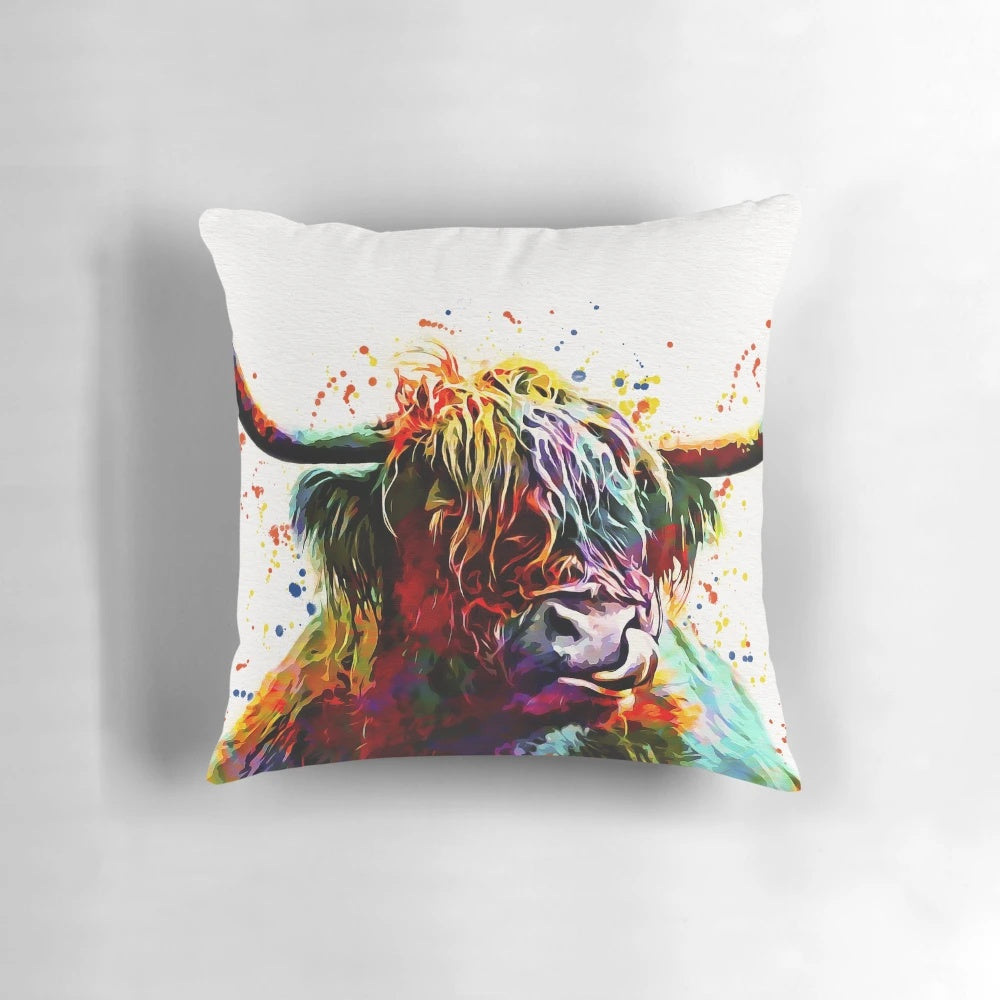Watercolor painting of a majestic highland cow with long horns and a shaggy coat.