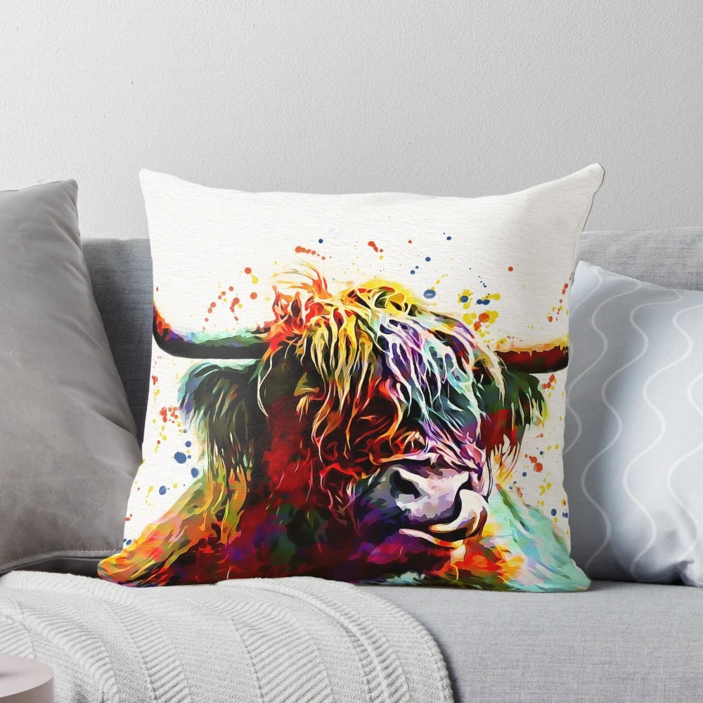 Watercolor painting of a majestic highland cow with long horns and a shaggy coat.