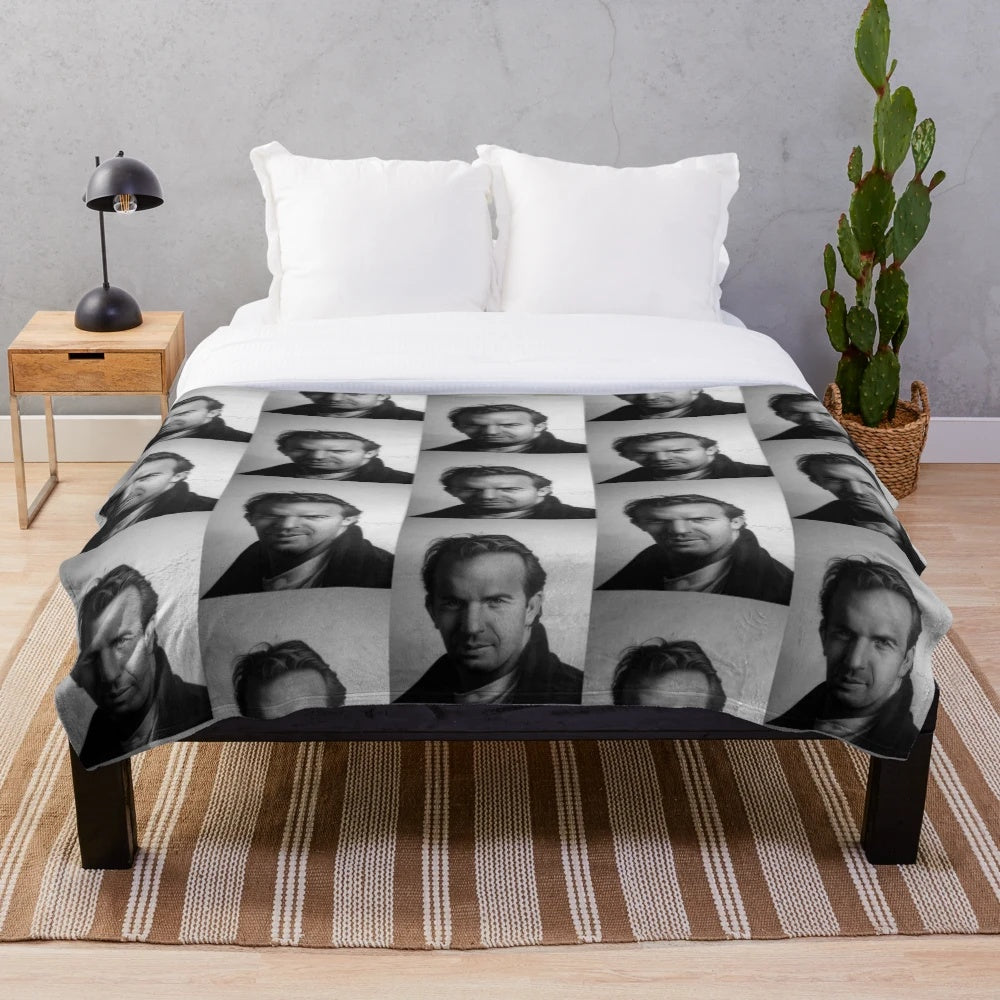 Realistic portrait of actor Kevin Costner on a plush blanket