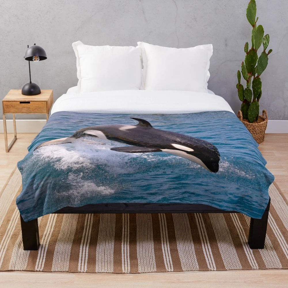 Plush blanket with realistic killer whale or orca jumping design