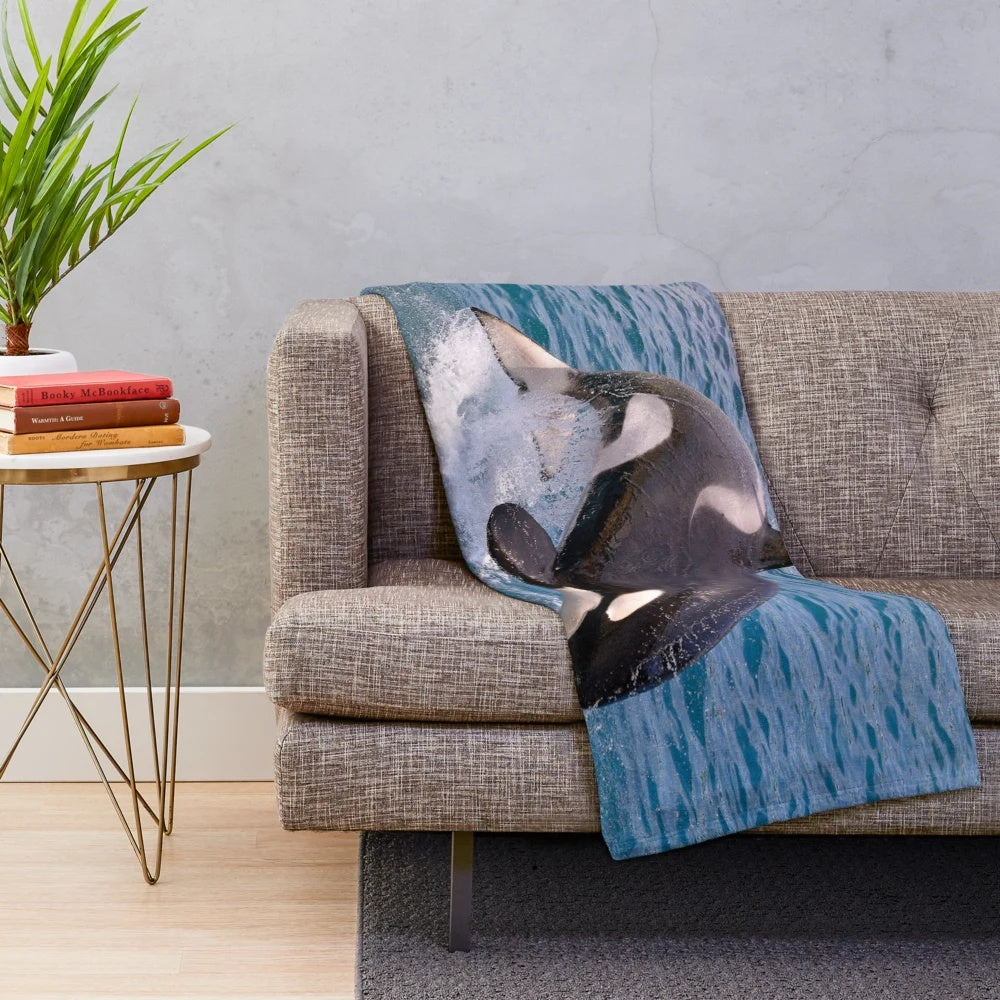 Plush blanket with realistic killer whale or orca jumping design