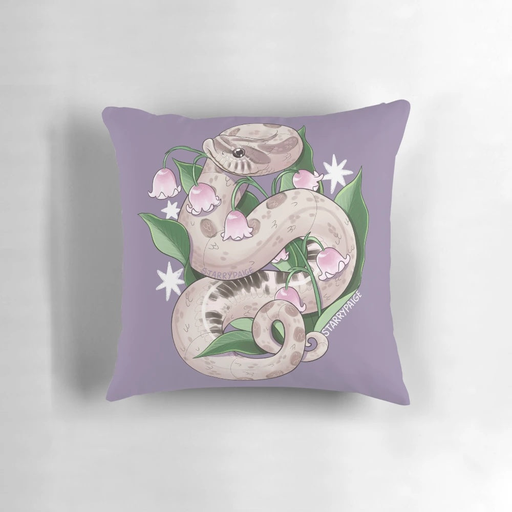 Lavender hognose snake decorative pillow with lily of the valley design