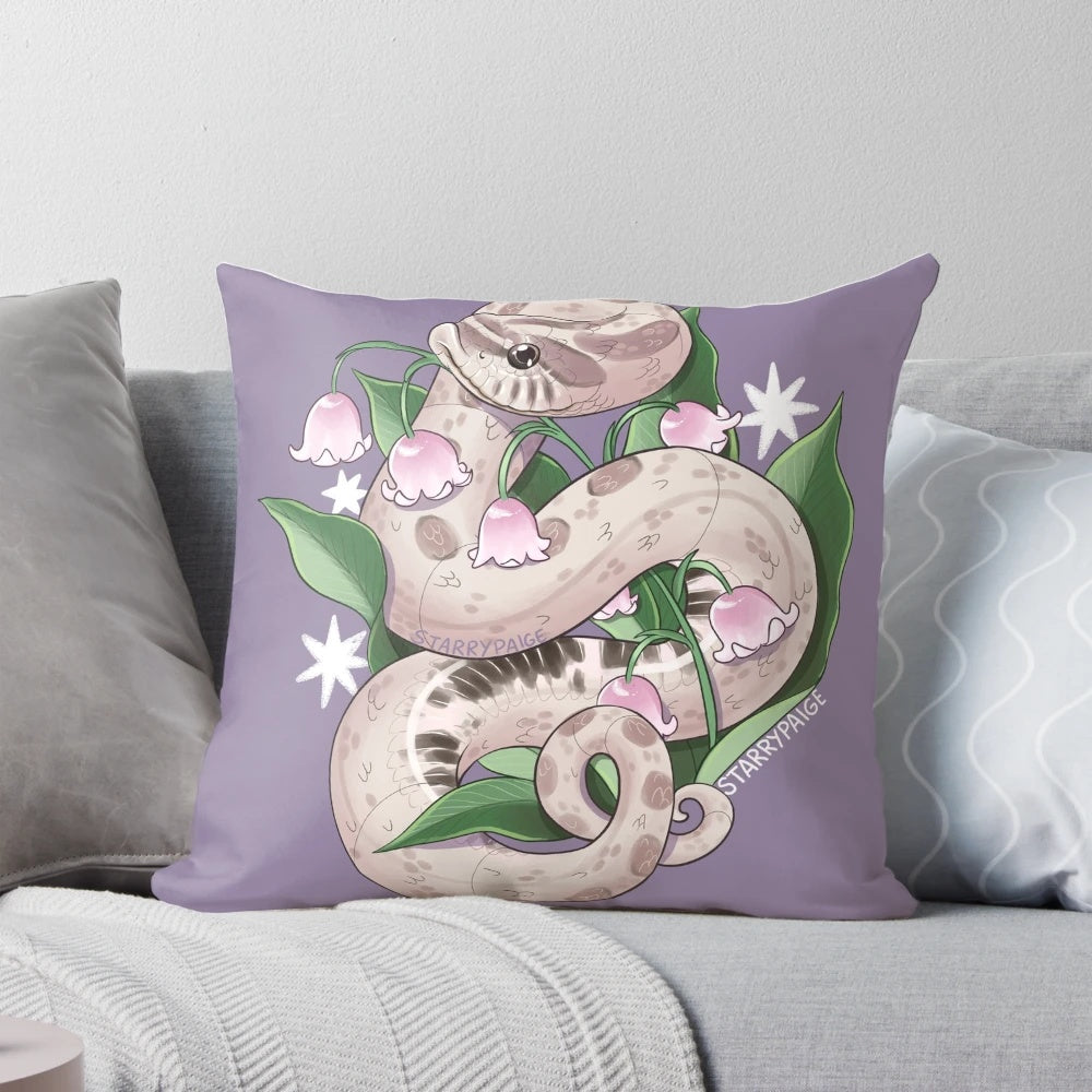 Lavender hognose snake decorative pillow with lily of the valley design
