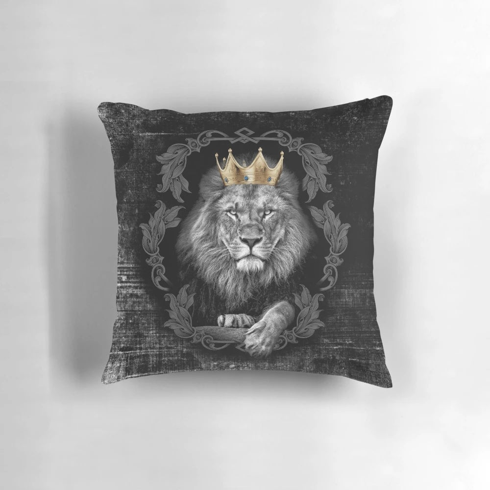 Closeup of a realistic-looking lion face printed on a soft, plush pillow.