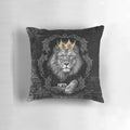 Closeup of a realistic-looking lion face printed on a soft, plush pillow.