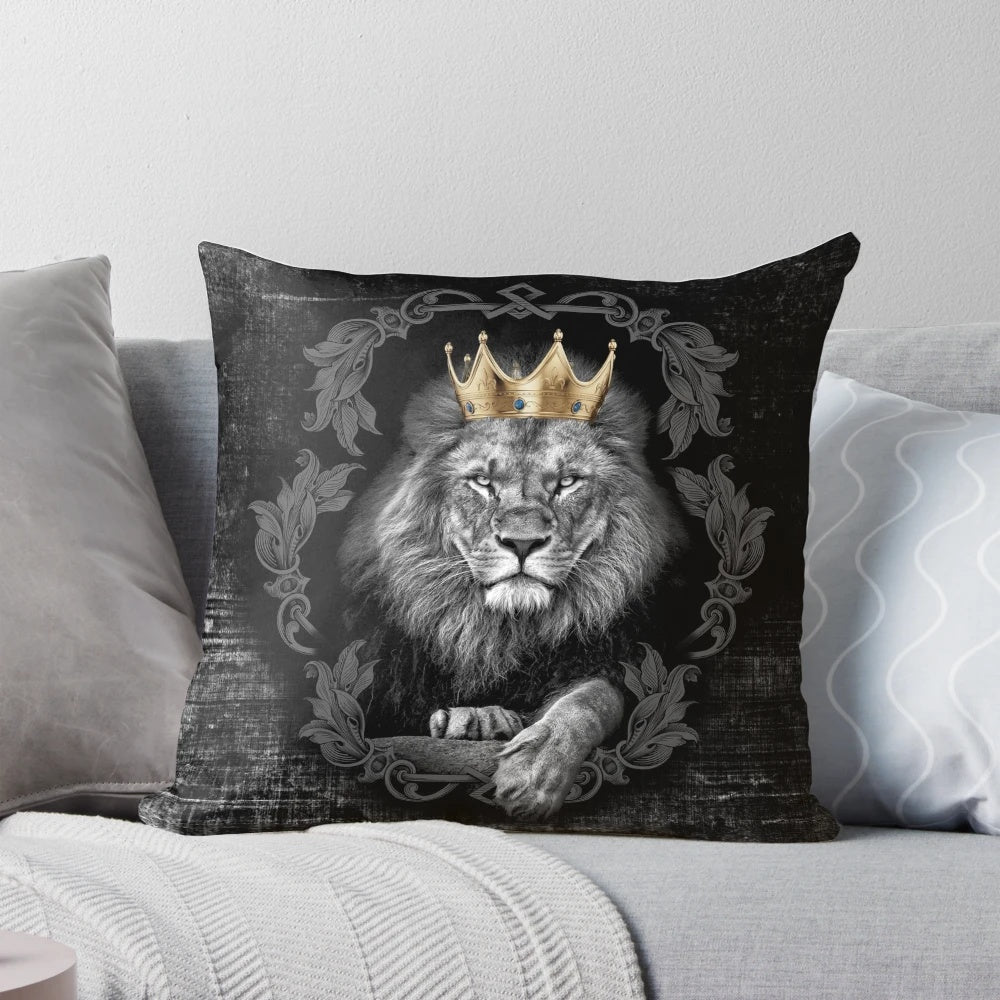 Closeup of a realistic-looking lion face printed on a soft, plush pillow.