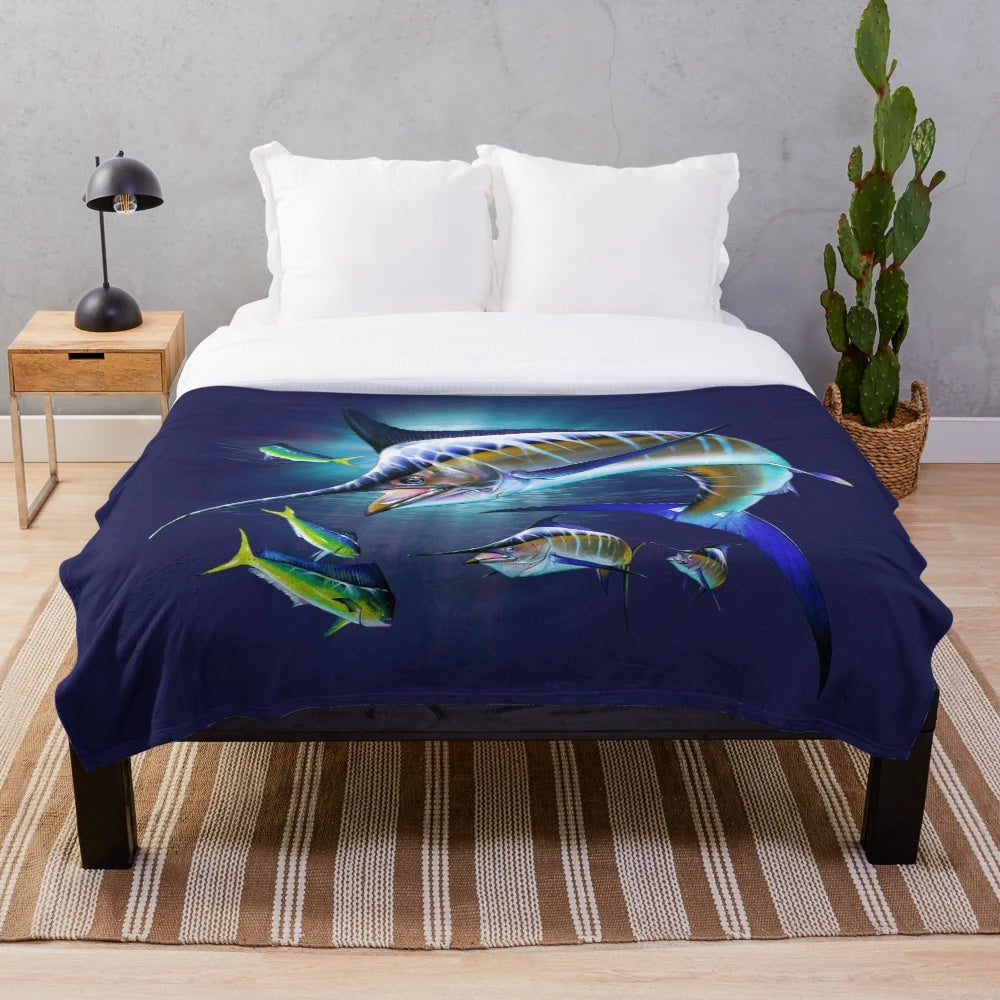 Mahi mahi and marlin plush blanket with detailed realistic marine life design