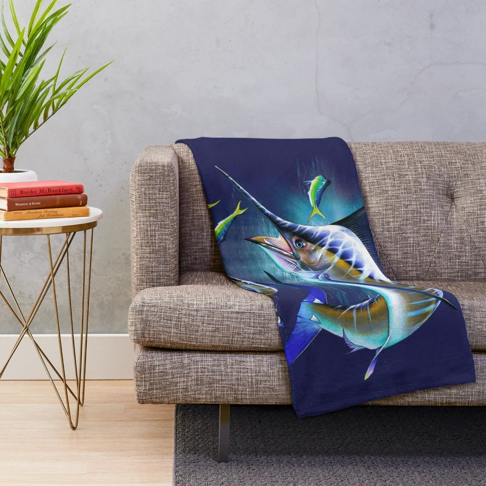 Mahi mahi and marlin plush blanket with detailed realistic marine life design