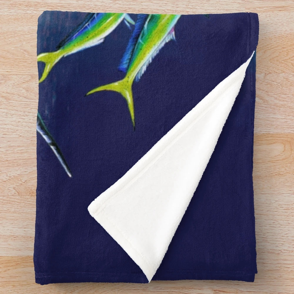 Mahi mahi and marlin plush blanket with detailed realistic marine life design