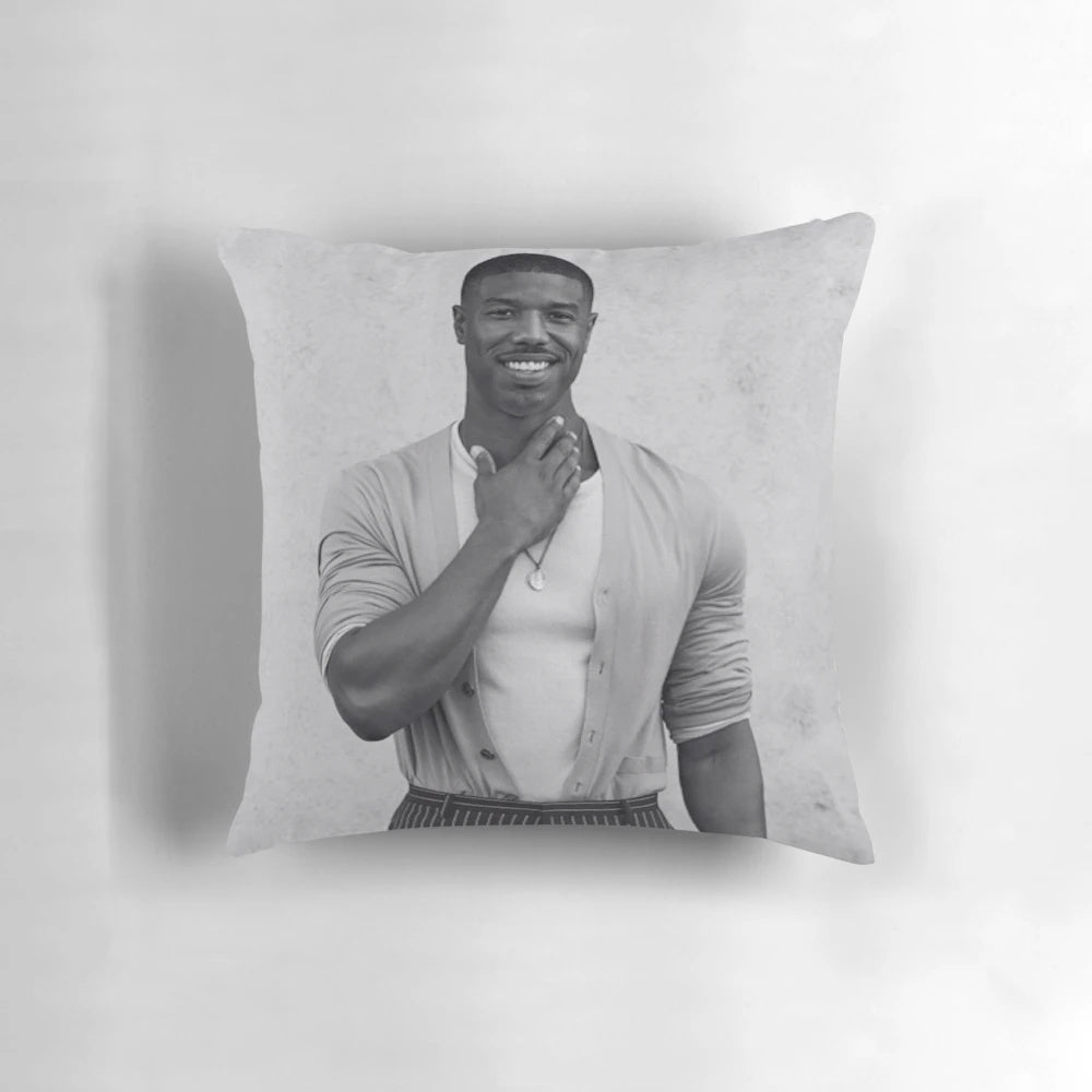 Lifelike image of actor Michael B. Jordan printed on a high-quality pillow