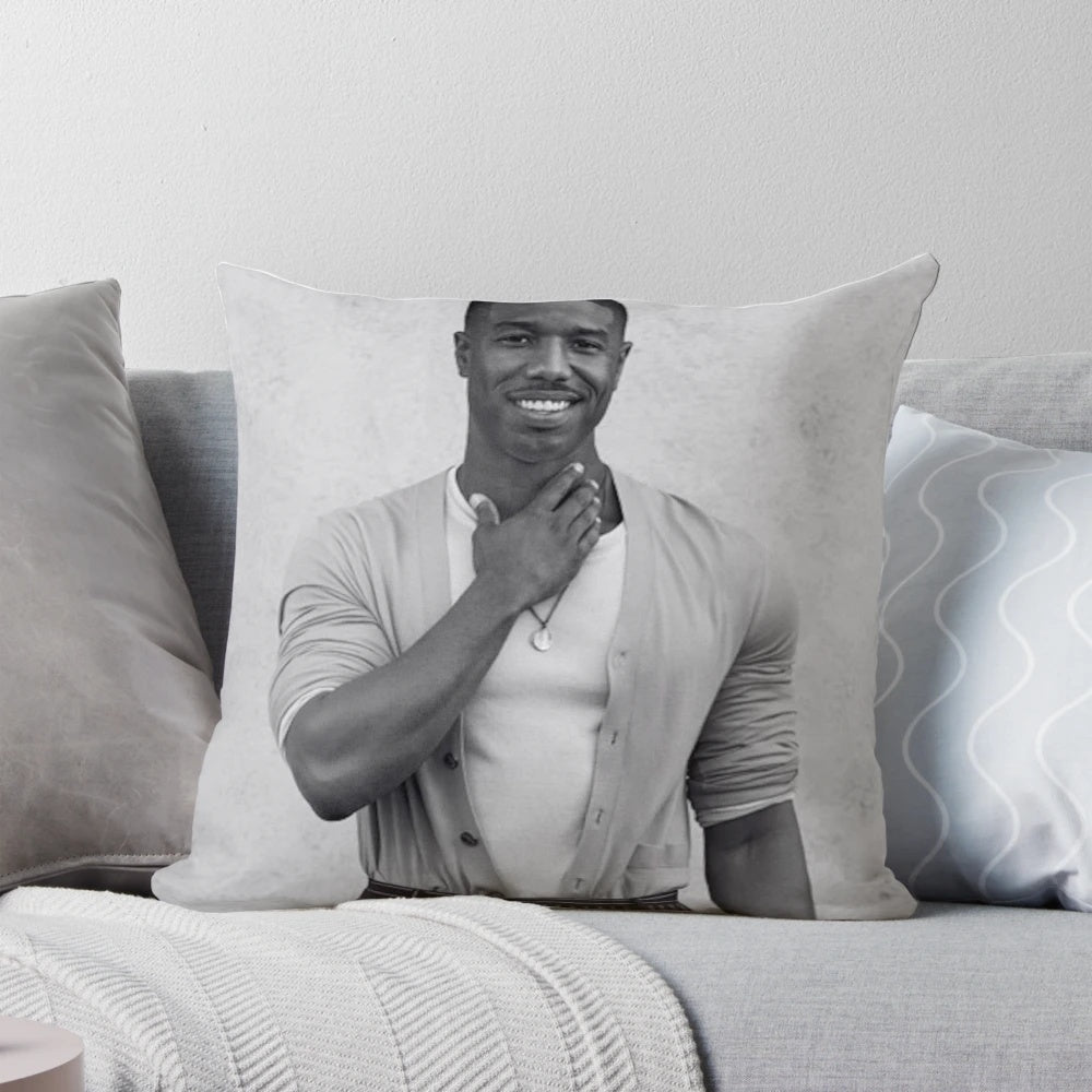 Lifelike image of actor Michael B. Jordan printed on a high-quality pillow