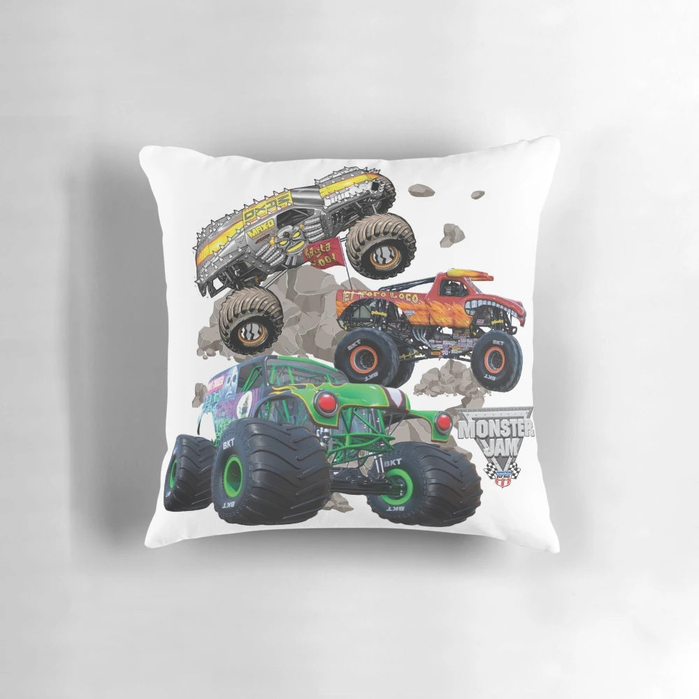 Colorful and durable monster truck-themed pillow featuring popular characters like Grave Digger, El Toro Loco, and Maximum Destruction.
