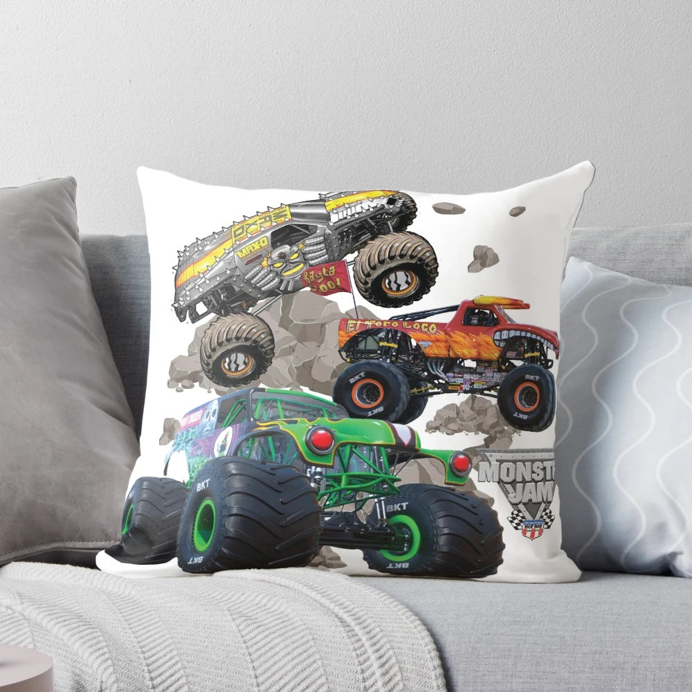 Colorful and durable monster truck-themed pillow featuring popular characters like Grave Digger, El Toro Loco, and Maximum Destruction.