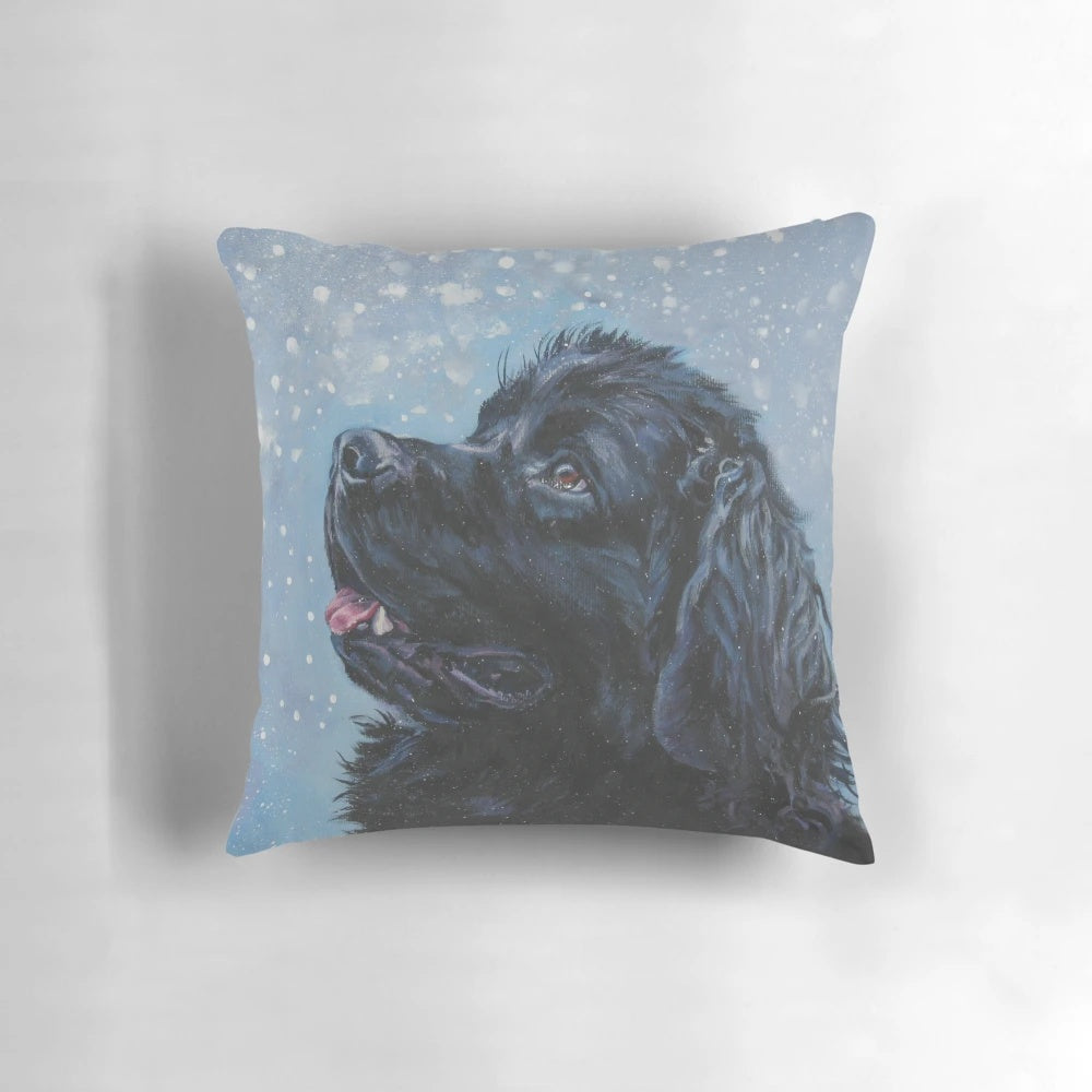 A beautiful, realistic portrait of a Newfoundland dog painted by L.A. Shepard, printed on a high-quality pillow for home decor.
