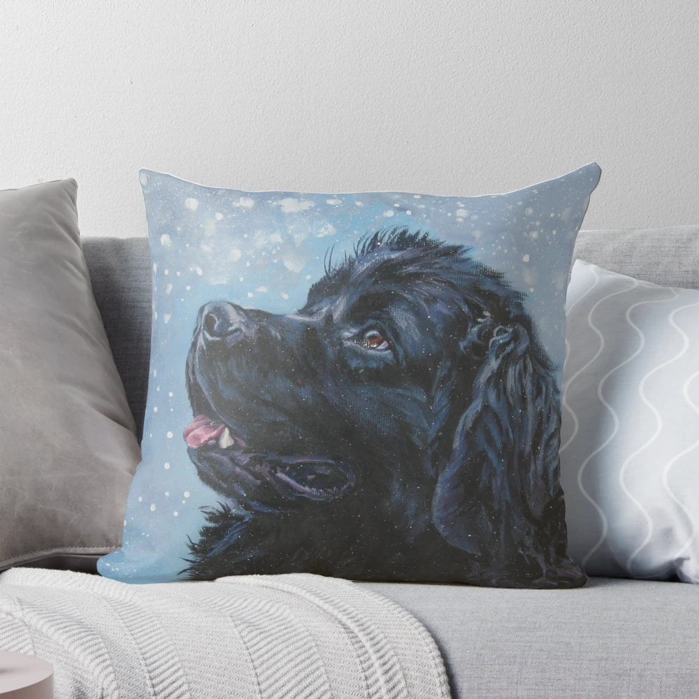 A beautiful, realistic portrait of a Newfoundland dog painted by L.A. Shepard, printed on a high-quality pillow for home decor.