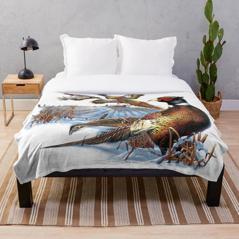 Pheasant farm plush blanket with realistic wildlife and feather collage design