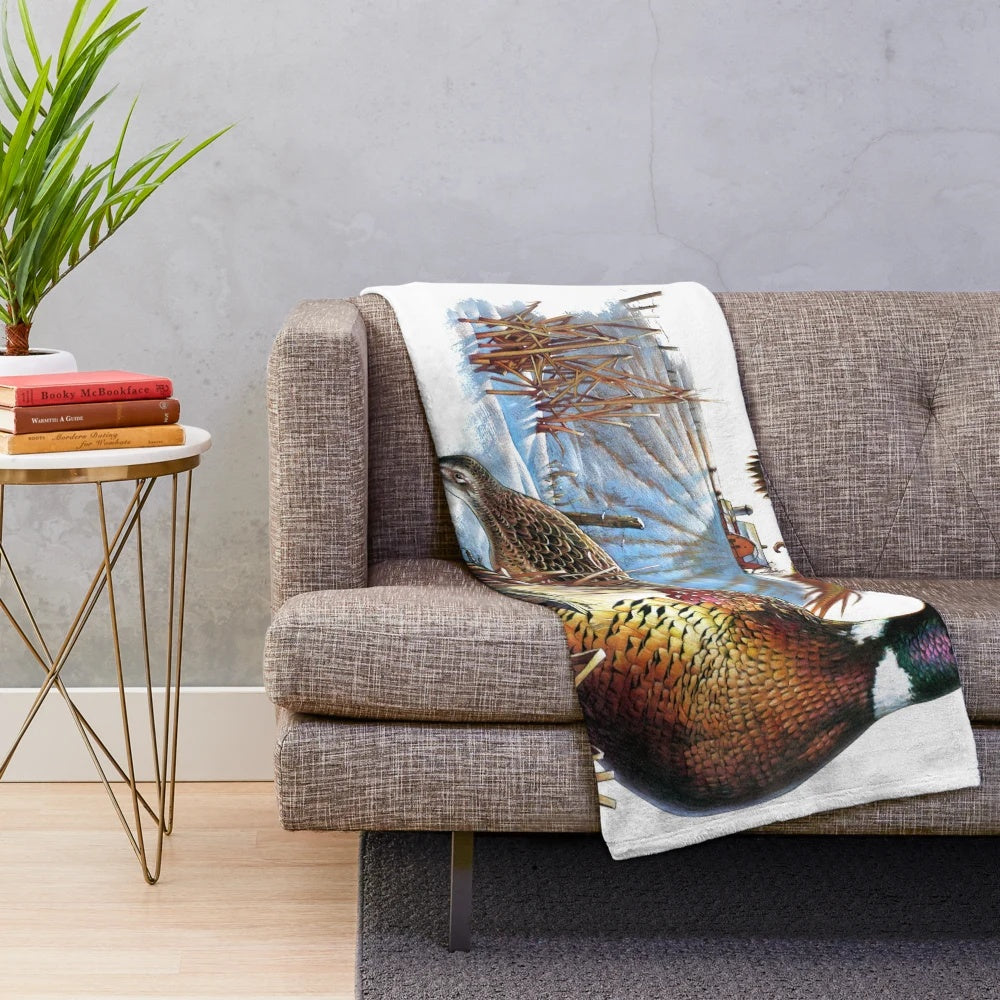 Pheasant farm plush blanket with realistic wildlife and feather collage design