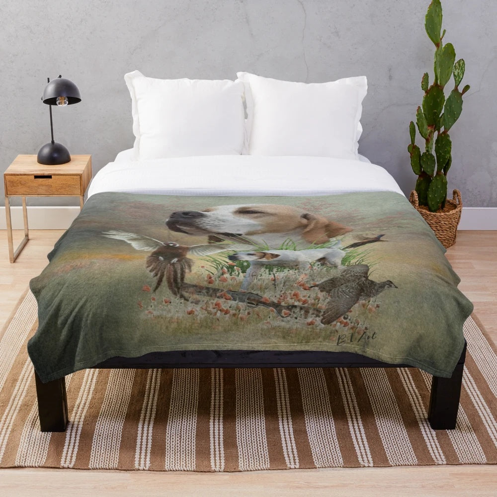 Plush blanket featuring a realistic painting of a pointer dog hunting pheasants
