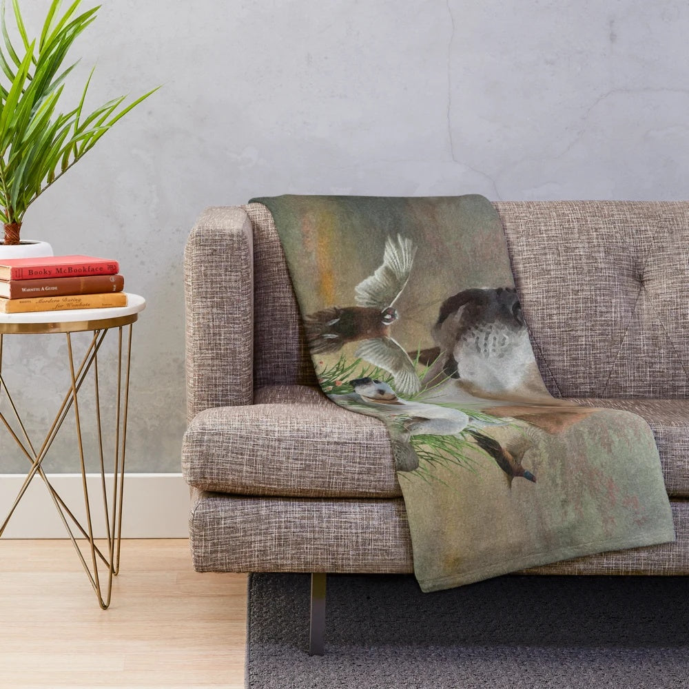Plush blanket featuring a realistic painting of a pointer dog hunting pheasants