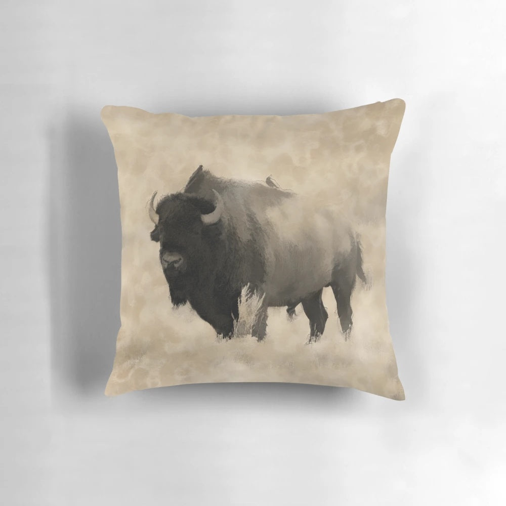Decorative pillow featuring a realistic image of a plains bison, also known as an American bison.