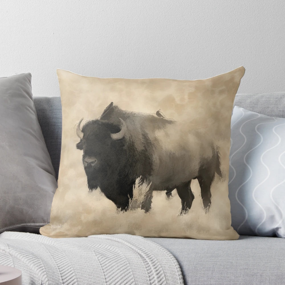 Decorative pillow featuring a realistic image of a plains bison, also known as an American bison.