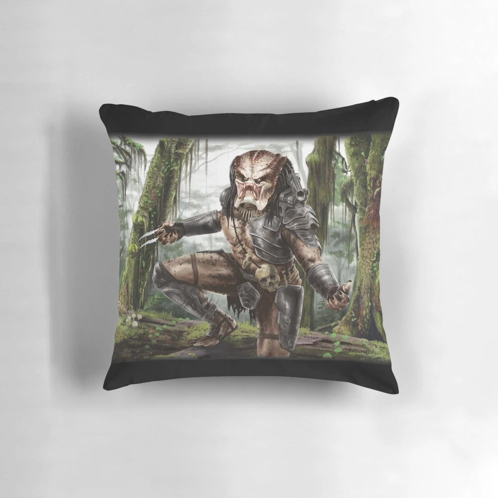Predator-themed decorative pillow with a realistic alien creature design