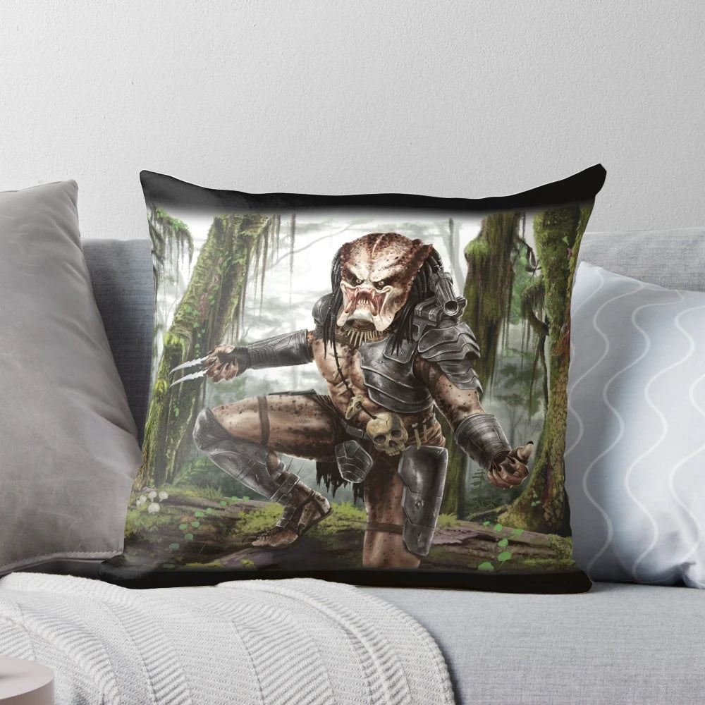 Predator-themed decorative pillow with a realistic alien creature design