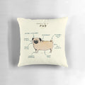 Decorative pillow featuring a detailed illustration of a pug's anatomical features