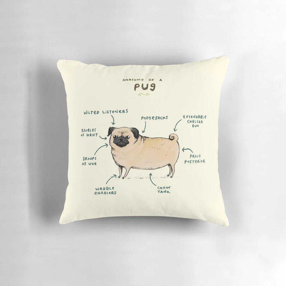 Decorative pillow featuring a detailed illustration of a pug's anatomical features