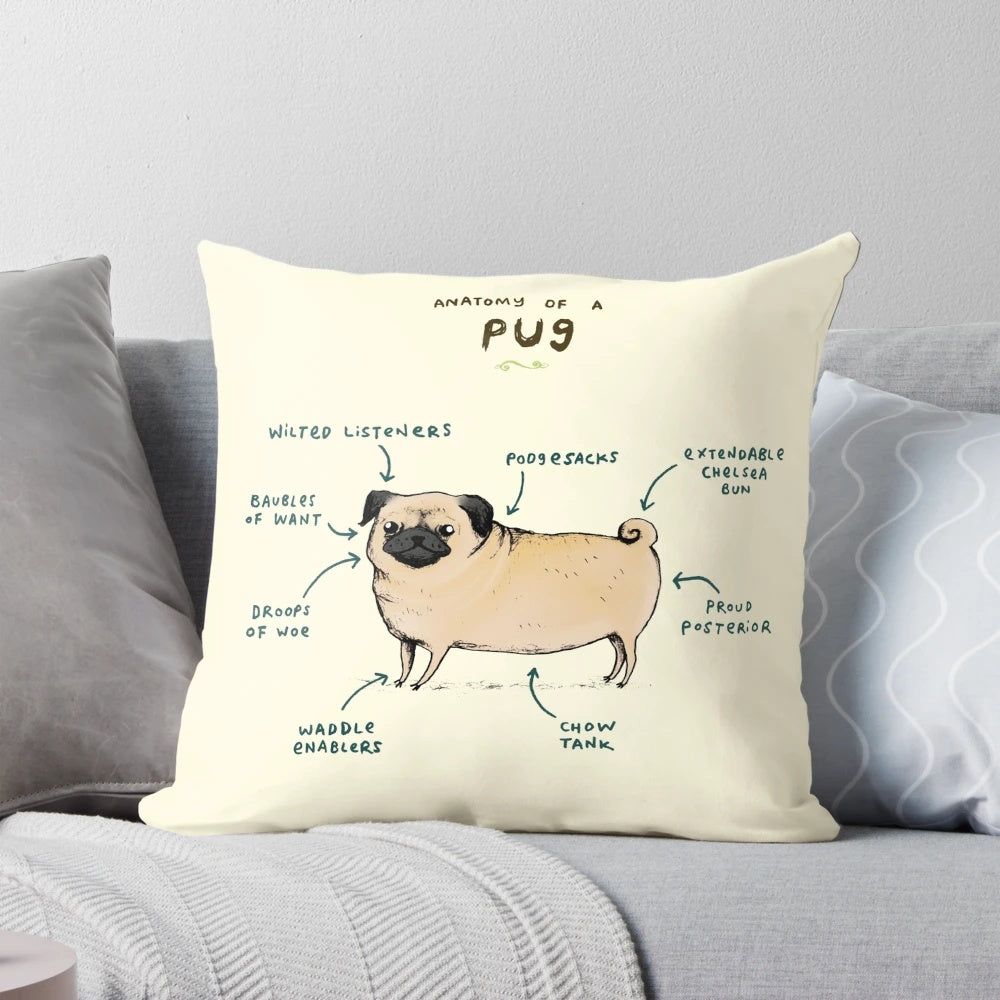 Decorative pillow featuring a detailed illustration of a pug's anatomical features