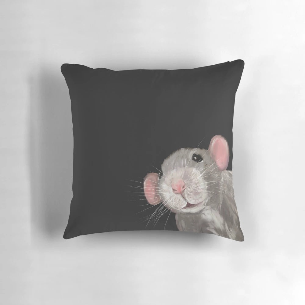 Detailed illustration of a grey and black Dumbo Rat on a decorative pillow.