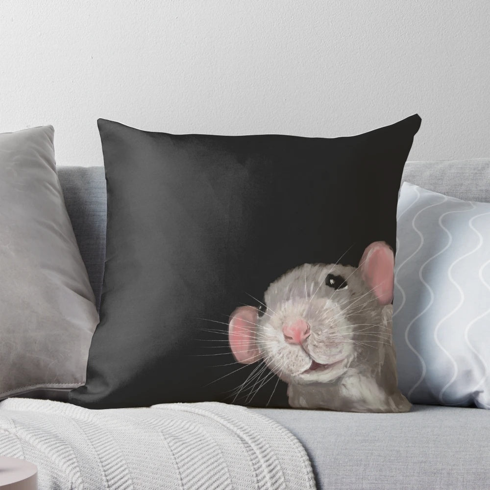 Detailed illustration of a grey and black Dumbo Rat on a decorative pillow.
