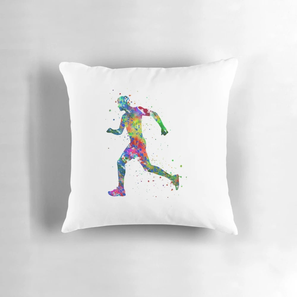 Realistic watercolor illustration of a running man on a pillow, perfect for sports and fitness enthusiasts.