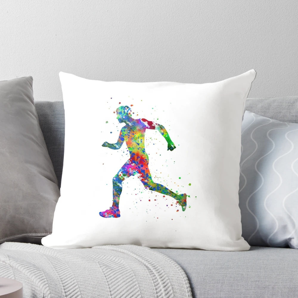 Realistic watercolor illustration of a running man on a pillow, perfect for sports and fitness enthusiasts.