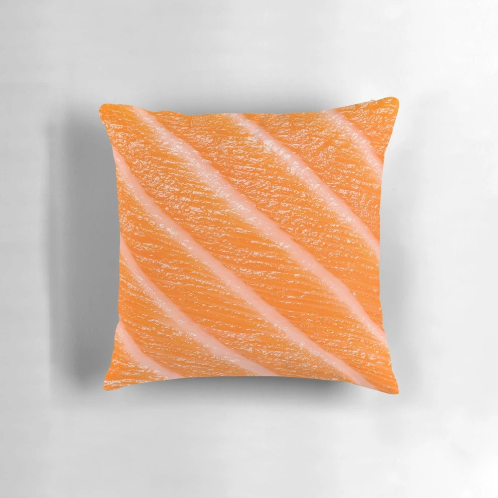 Realistic-looking salmon sushi and sashimi design on a plush, decorative pillow