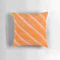 Realistic-looking salmon sushi and sashimi design on a plush, decorative pillow